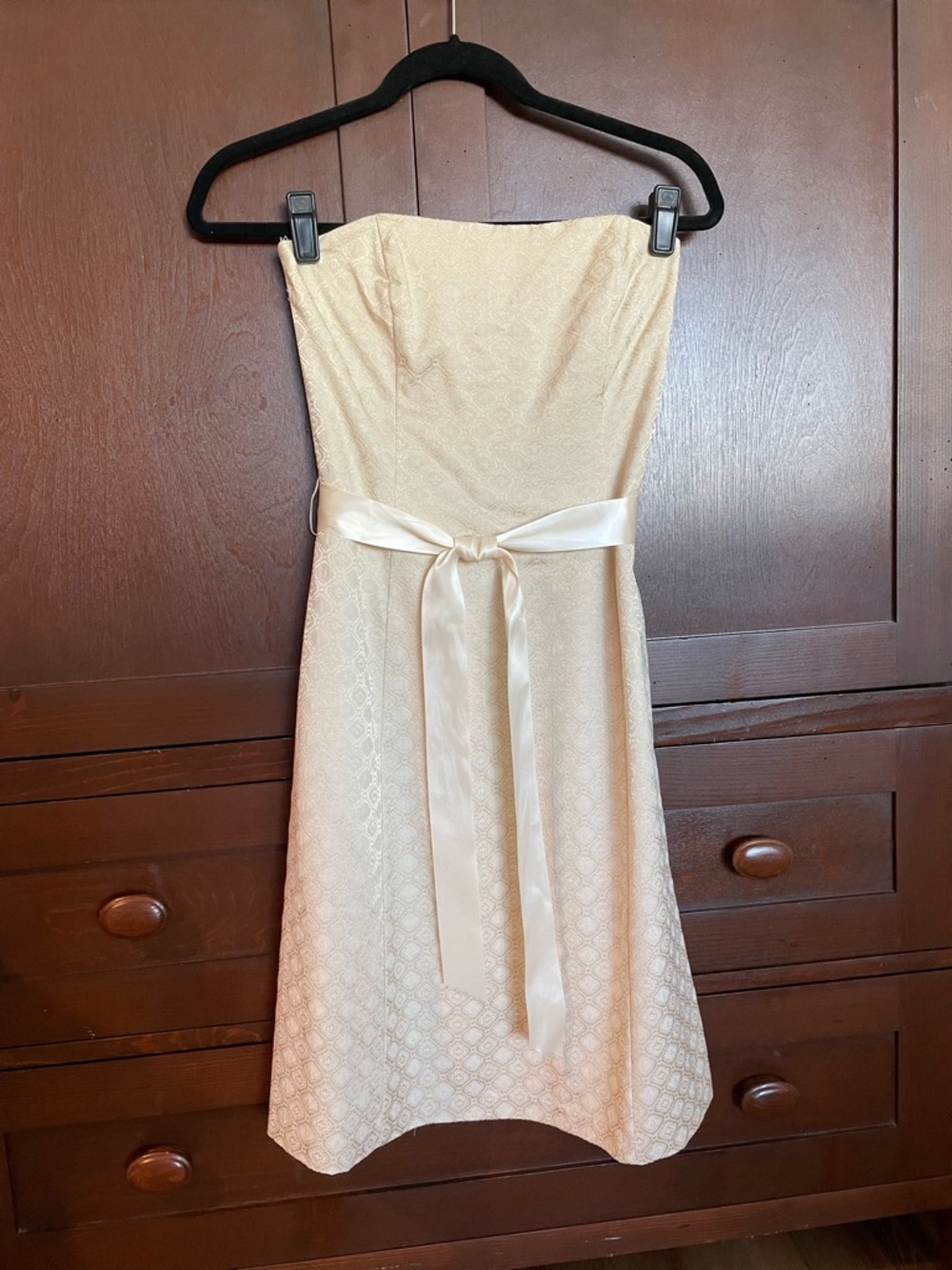 White House Black Market Strapless Cream Dress with Satin Belt
